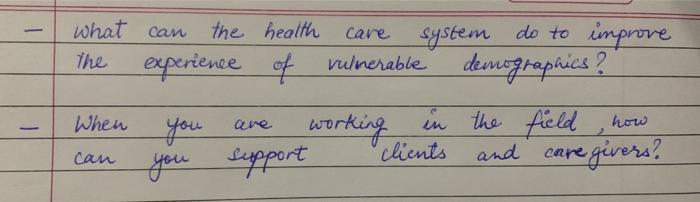care what can the health system do to improve the experience of vulnerable dernographics? When working in in the field how cl
