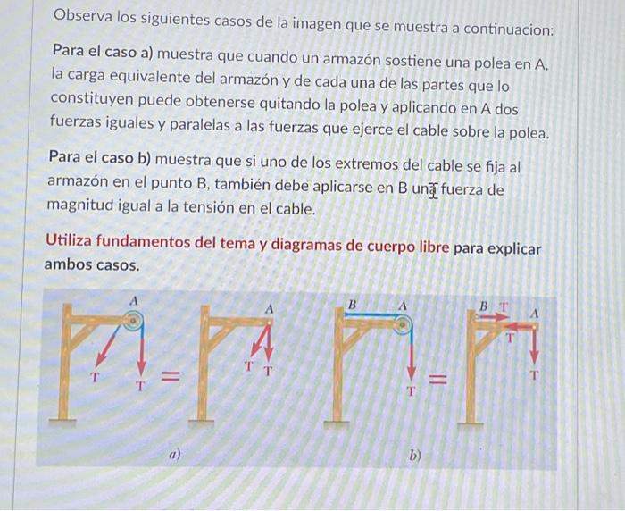 Observa los siguientes casos de la imagen que se muestra a continuacion: Para el caso a) muestra que cuando un armazón sostie