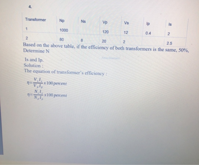 Solved Transformer Ns 을 Vp Vs Ip Is 1 1000 1 12 0 4 2 Chegg Com