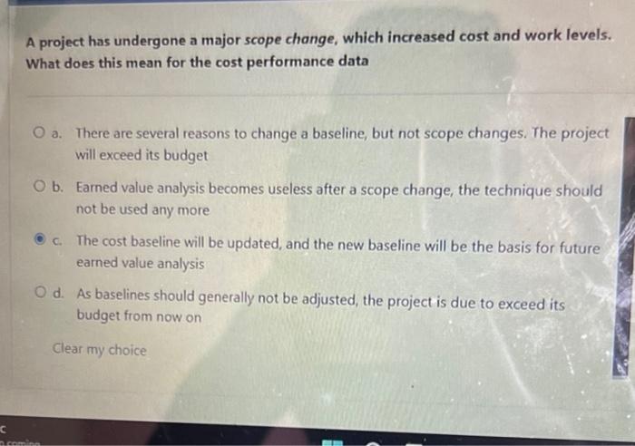 Solved A project has undergone a major scope change, which | Chegg.com