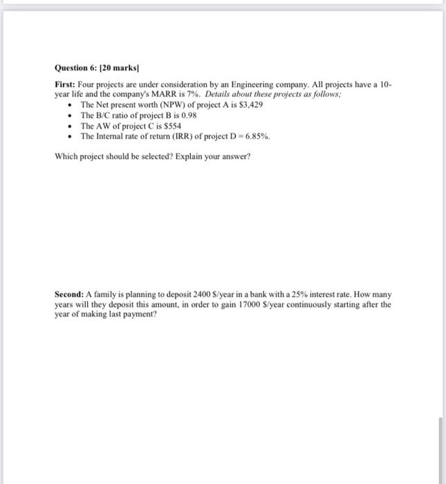 Solved Question 6: (20 marks First: Four projects are under | Chegg.com