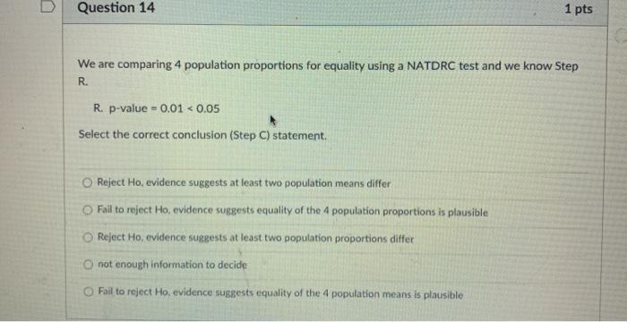 Solved Question 14 1 pts We are comparing 4 population | Chegg.com