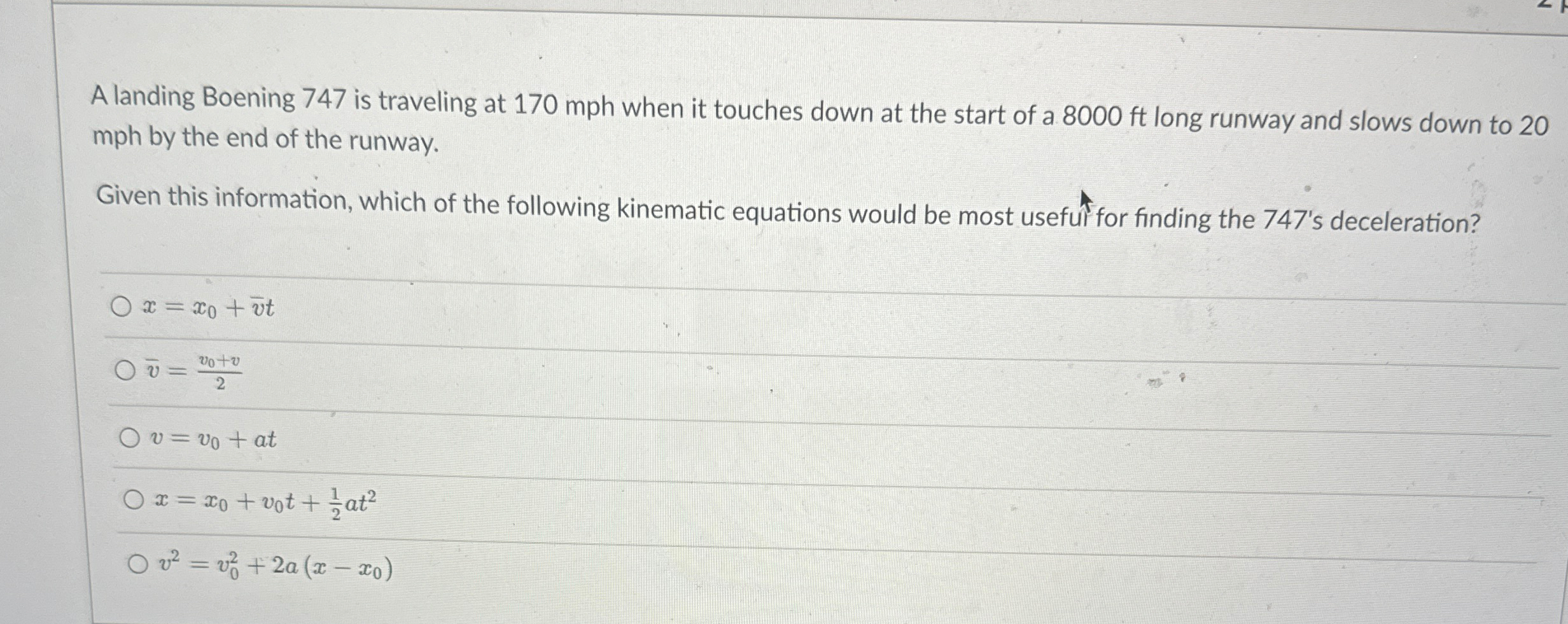 Solved A landing Boening 747 ﻿is traveling at 170 ﻿mph when | Chegg.com