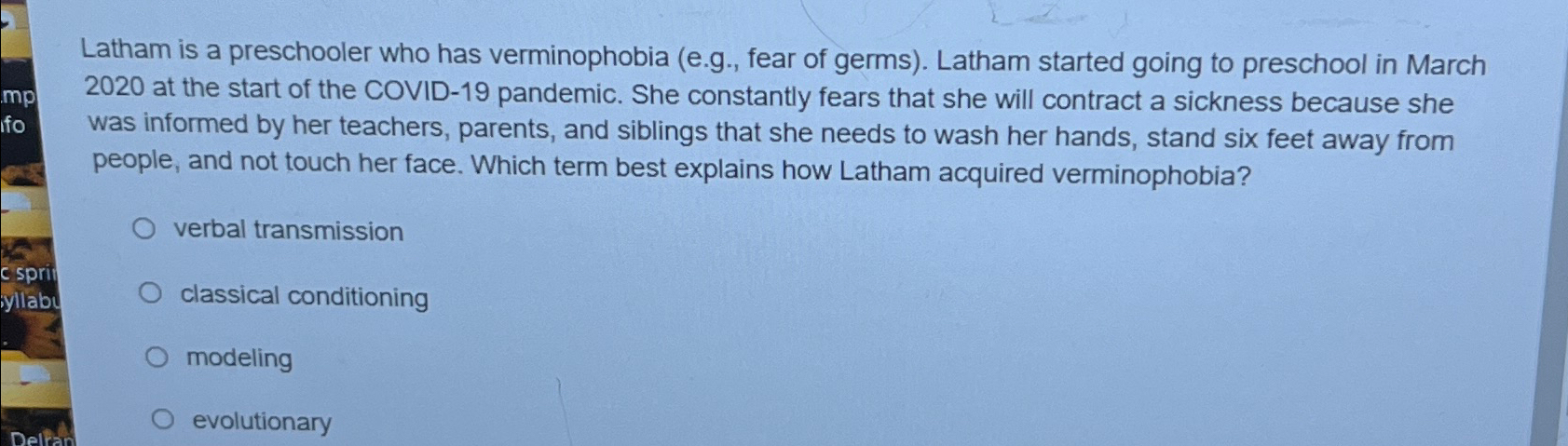 Solved Latham is a preschooler who has verminophobia (e.g., | Chegg.com