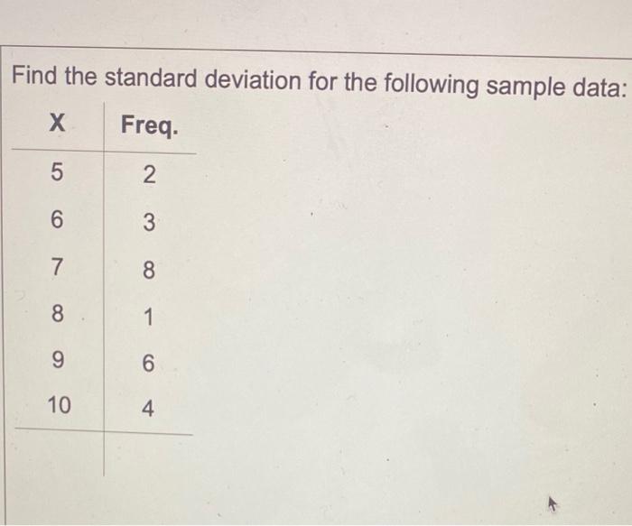 Solved Find the standard deviation for the following sample | Chegg.com