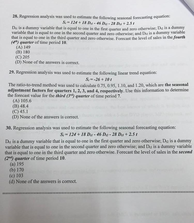 Solved 28. Regression analysis was used to estimate the | Chegg.com