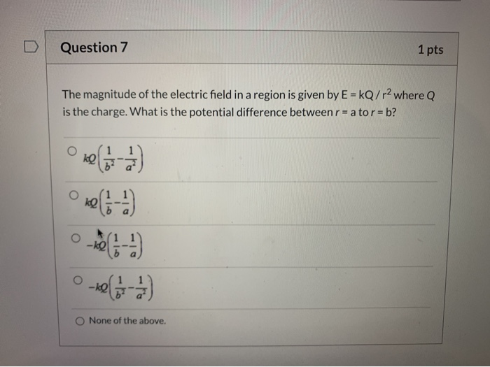 Solved Question 7 1 Pts The Magnitude Of The Electric Field Chegg solved-question-7-1-pts-the-magnitude-of-the-electric-field-chegg