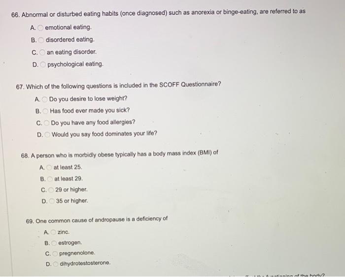Solved 66. Abnormal or disturbed eating habits (once | Chegg.com