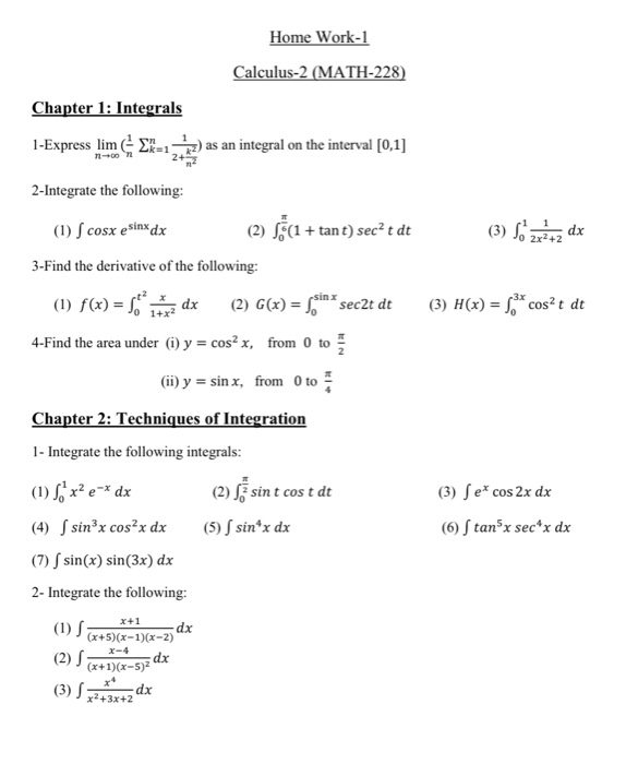 Solved Home Work-1 Calculus-2 (MATH-228) Chapter 1: | Chegg.com