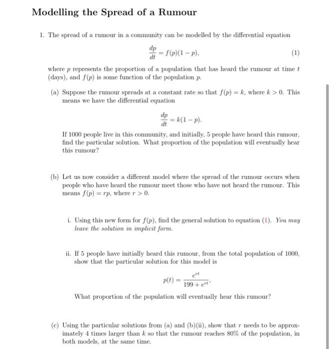 Solved Modelling the Spread of a Rumour 1. The spread of a | Chegg.com