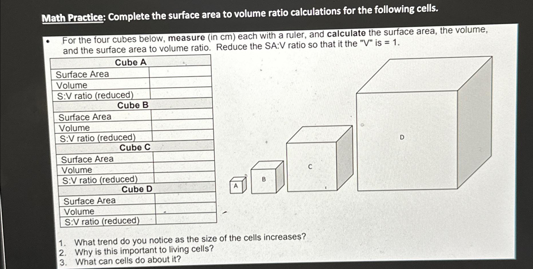 Solved Math Practice: Complete The Surface Area To Volume | Chegg.com