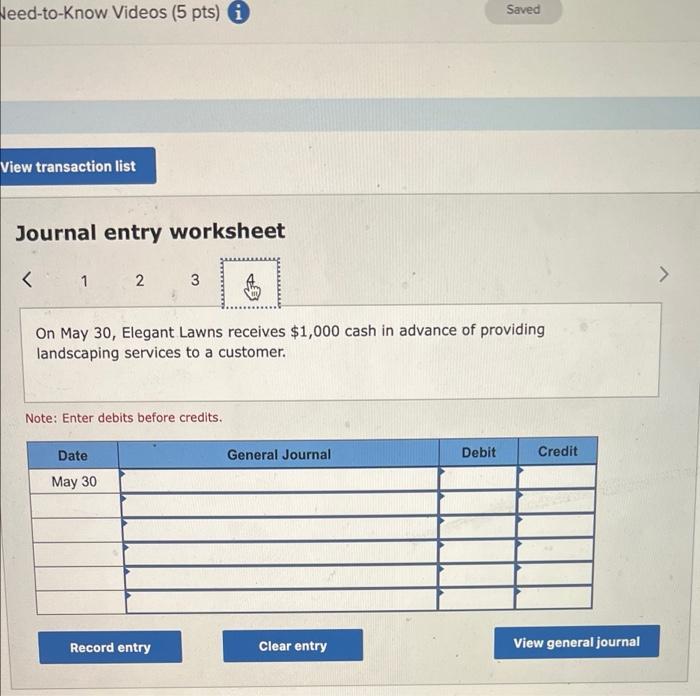 Need-to-Know Videos (5 pts) i
View transaction list
Journal entry worksheet
<
1 2 3
On May 30, Elegant Lawns receives $1,000 