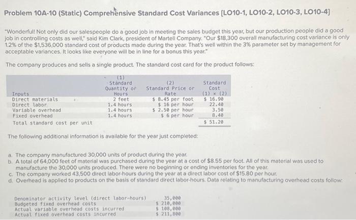 Solved Problem 10A-10 (Static) Comprehènsive Standard Cost | Chegg.com