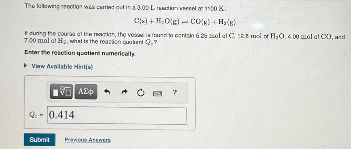 Solved The following reaction was carried out in a 3.00 L | Chegg.com
