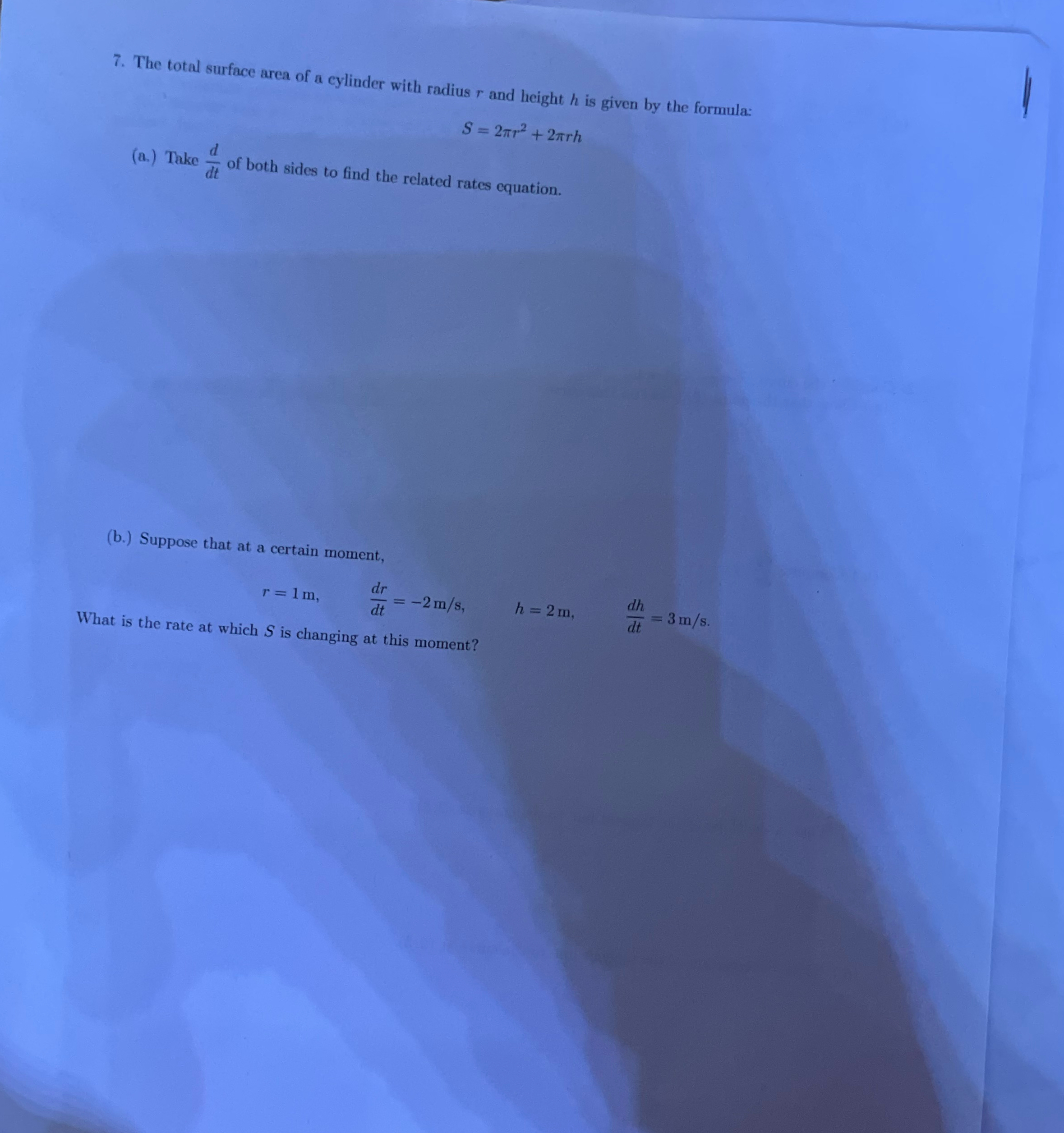 Solved The total surface area of a cylinder with radius r | Chegg.com