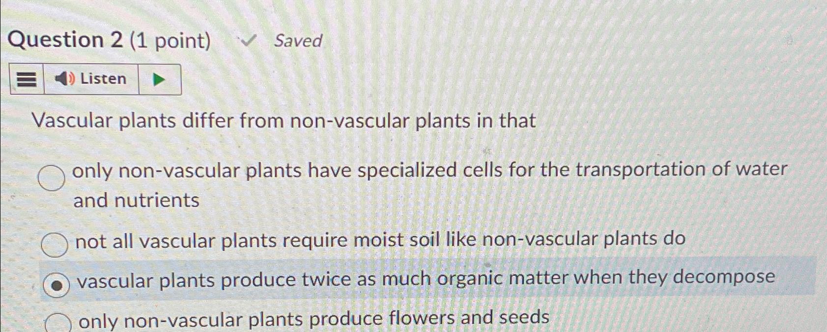 Solved Question 2 (1 ﻿point) ﻿SavedVascular plants differ