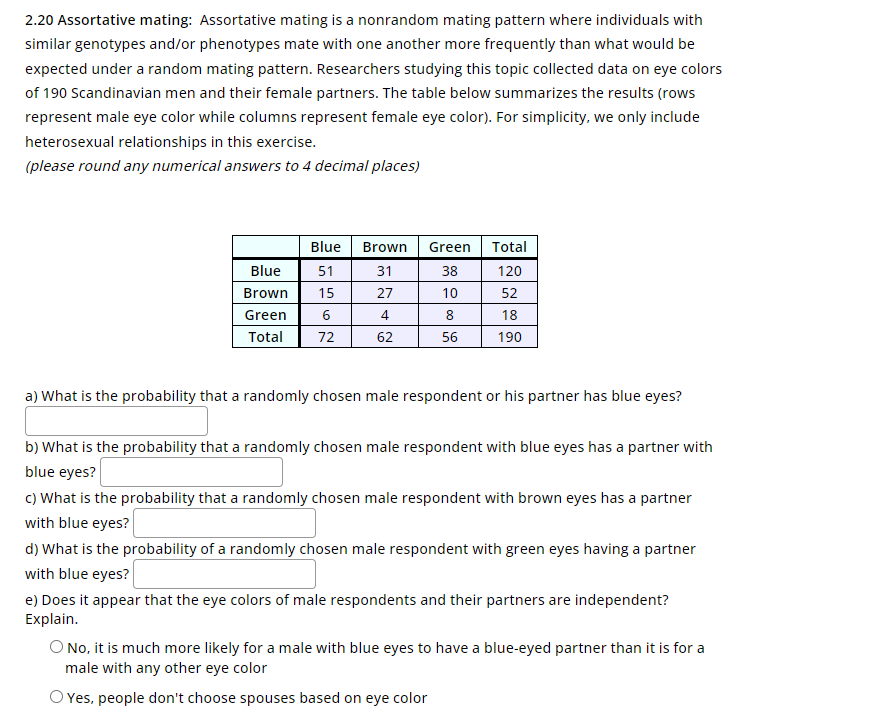 Solved 2.20 ﻿Assortative Mating: Assortative Mating Is A | Chegg.com