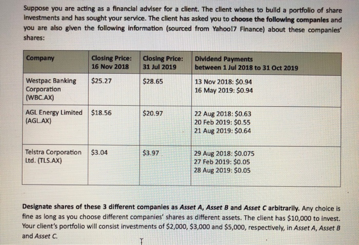 Suppose you are acting as a financial adviser for a client. The client wishes to build a portfolio of share Investments and h
