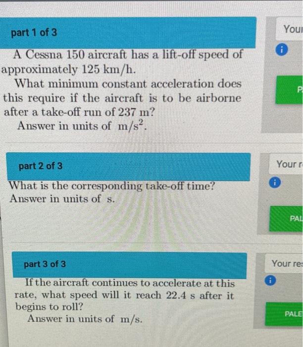 Solved part 1 of 3 A Cessna 150 aircraft has a lift-off | Chegg.com
