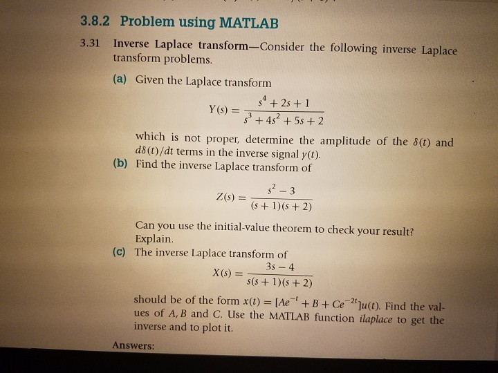 Solved 3 8 2 Problem Using Matlab 3 31 Inverse Laplace Tr Chegg Com