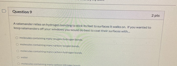 Solved Question 9 2 pts A salamander relies on hydrogen | Chegg.com