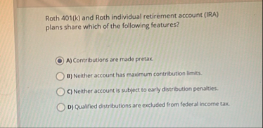 Solved Roth 401(k) ﻿and Roth individual retirement account | Chegg.com