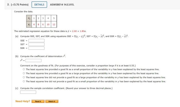 Solved ASWSBE14 14.E.015. 2. (-/3.75 Points] DETAILS | Chegg.com