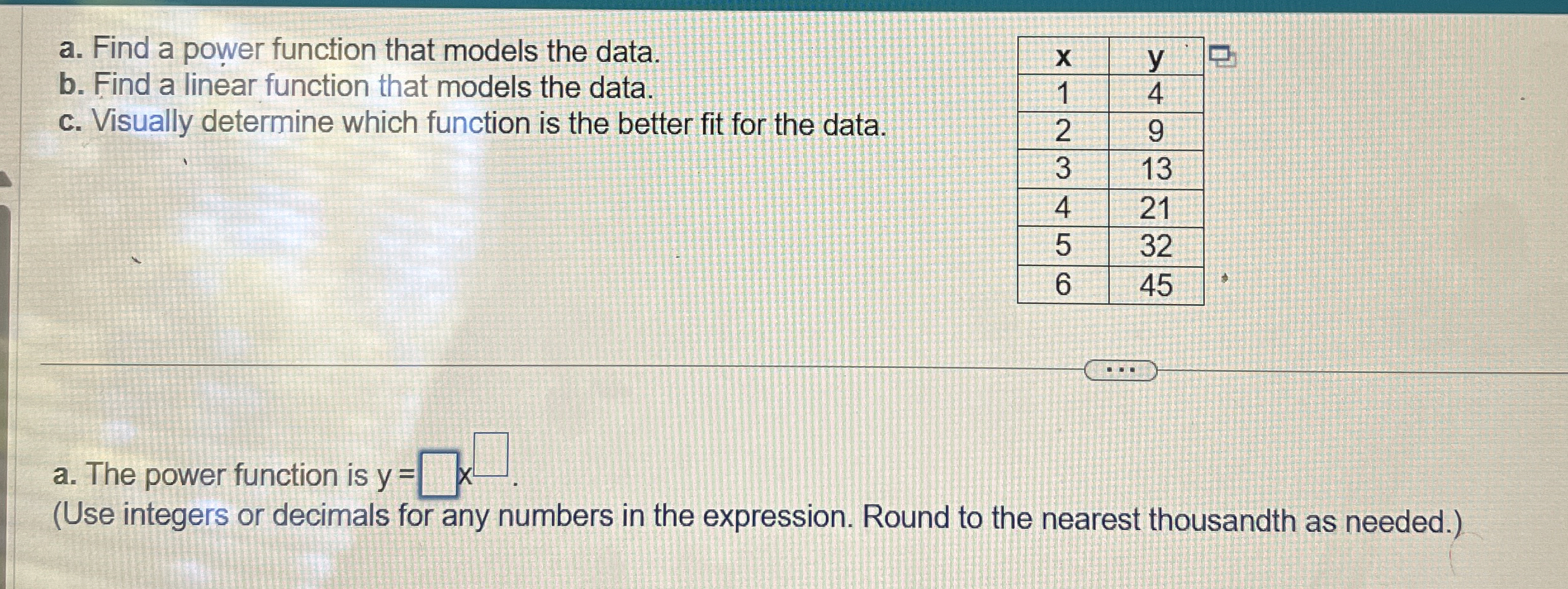 Solved a. ﻿Find a power function that models the data.b. | Chegg.com