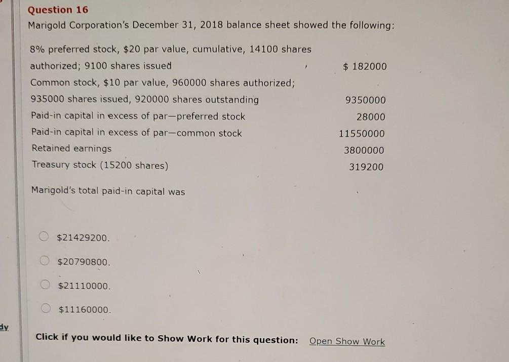 Solved Question 16 Marigold Corporation's December 31, 2018 | Chegg.com