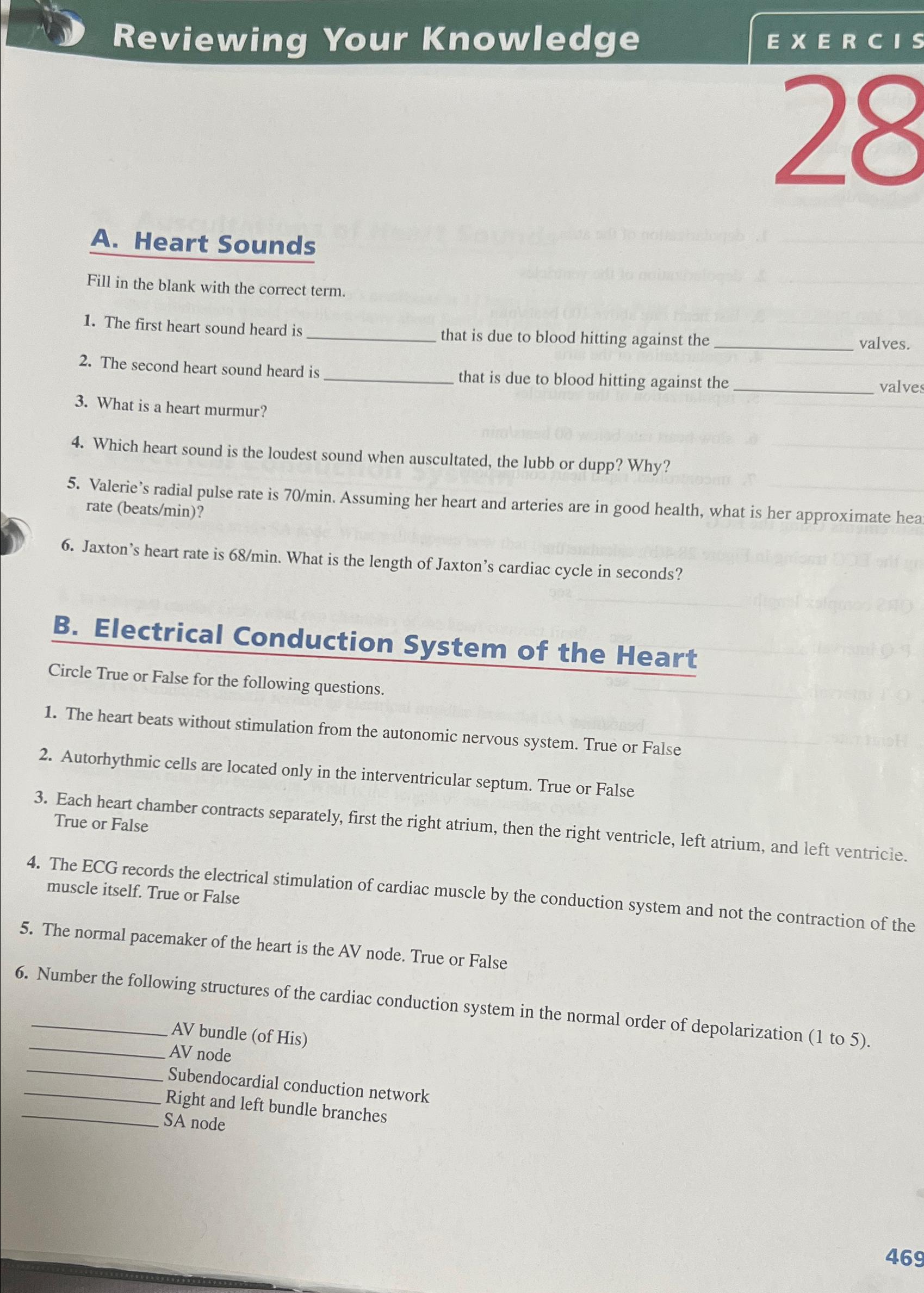 Solved Reviewing Your KnowledgeA. ﻿Heart SoundsFill in the | Chegg.com