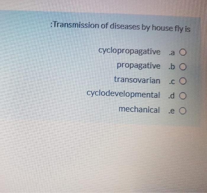 Solved Transmission of diseases by house fly is