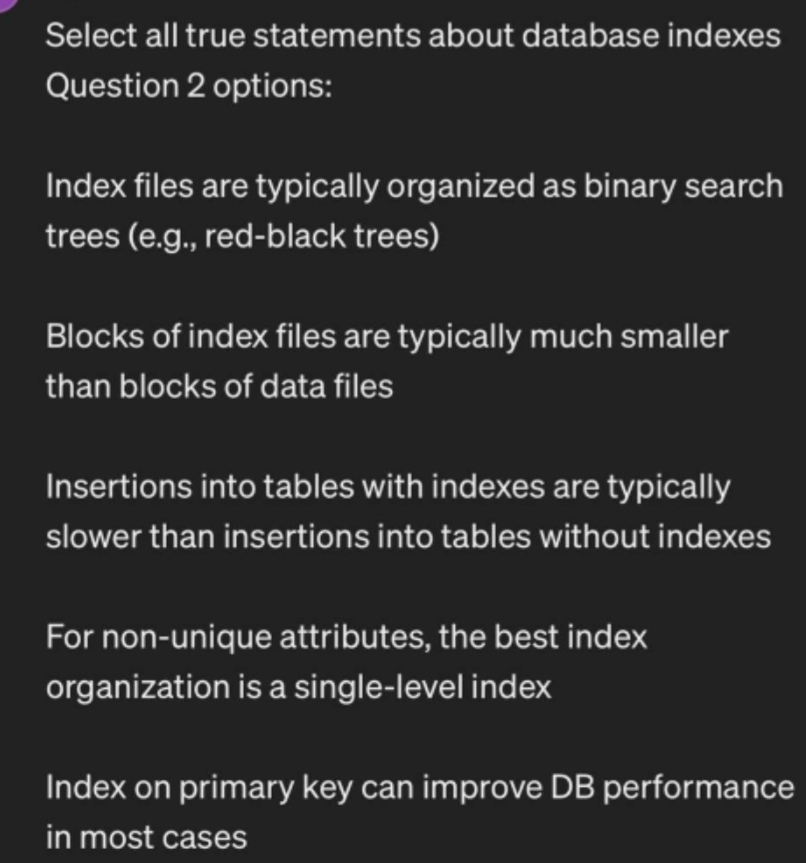 Solved Select All True Statements About Database Indexes | Chegg.com