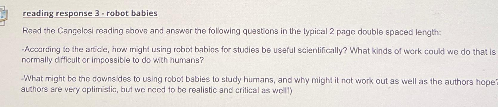 Solved Reading Response 3 - ﻿robot BabiesRead The Cangelosi | Chegg.com