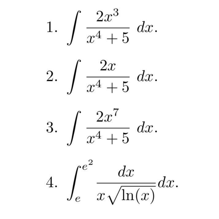 Solved ∫﻿﻿2x3x4 5dx ∫﻿﻿2xx4 5dx ∫﻿﻿2x7x4 5dx ∫ee2dxxln X 2dx