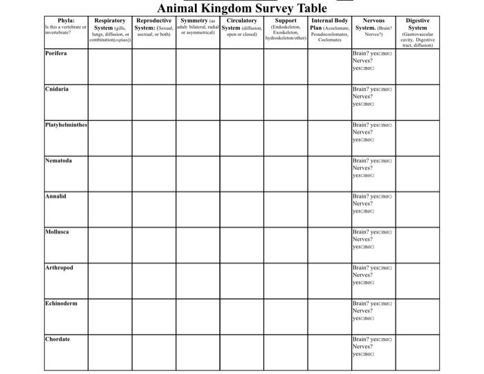 Solved Animal Kingdom Survey Table Phyla: Respiratory Is 
