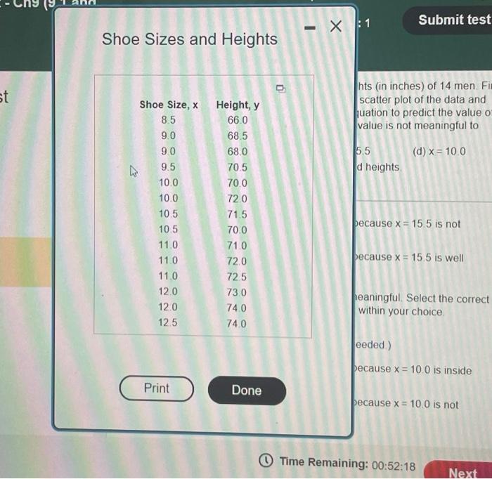 Solved The accompanying data are the shoe sizes and heights | Chegg.com