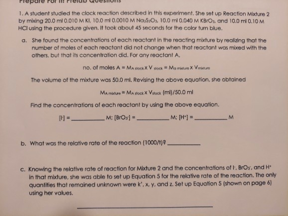 a student studied the clock reaction described in this experiment