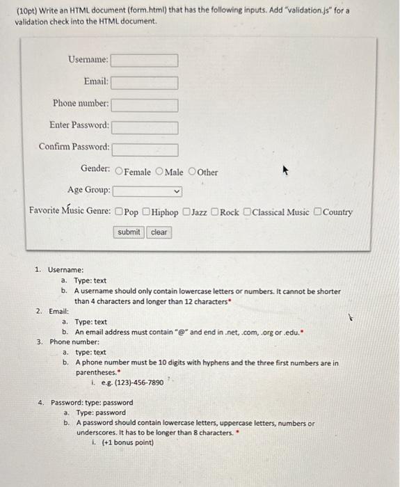 Solved (10pt) Write an HTML document (form.html) that has | Chegg.com
