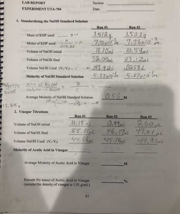 Solved Lab Report Uta 704 Molarity Of Acetic Acid In The Chegg Com