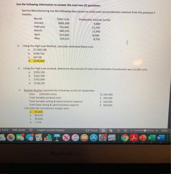 Solved I Use the following information to answer the next | Chegg.com