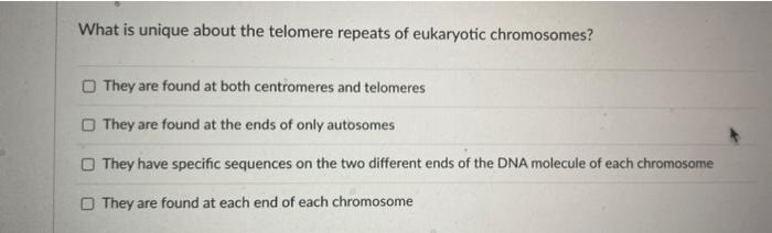 What is unique about the telomere repeats of eukaryotic chromosomes?
They are found at both centromeres and telomeres
They ar