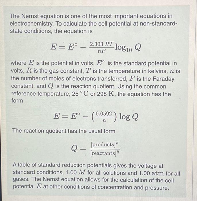 Solved The Nernst equation is one of the most important | Chegg.com