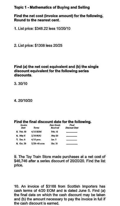 Solved Topic 1 - Mathematics of Buying and Selling Find the | Chegg.com