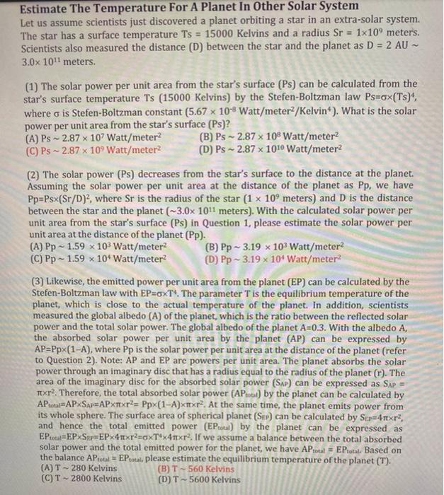 Solved Estimate The Temperature For A Planet In Other Solar | Chegg.com