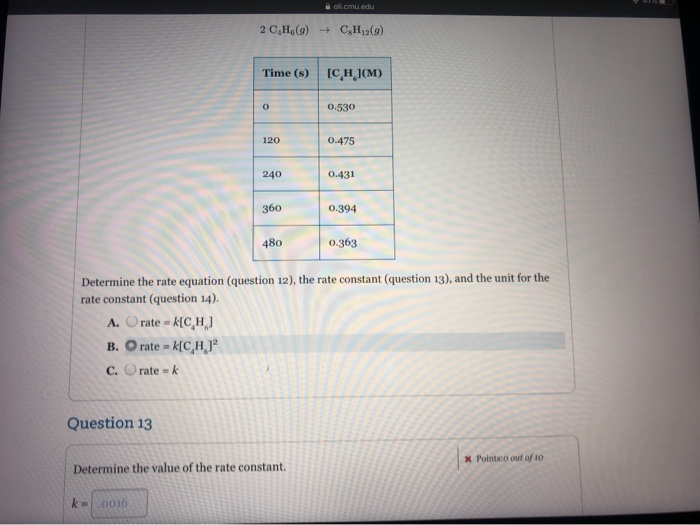 Solved ol.cmu.edu 2 C.H.) → C.H2(g) Time (s) [CH3CM) 0 0.530