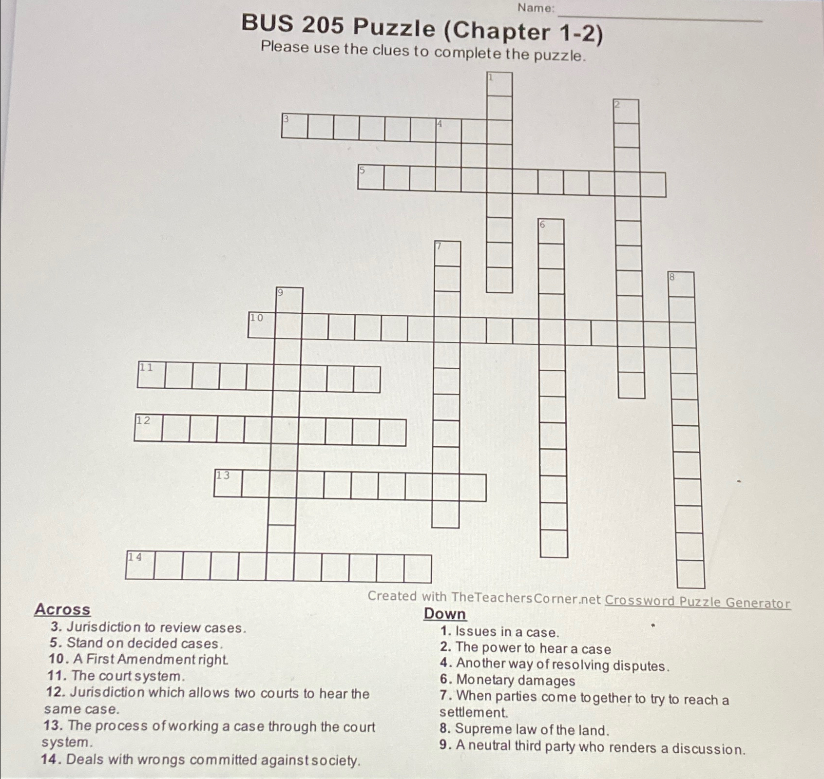 Solved Name:BUS 205 ﻿Puzzle (Chapter 1-2)Please use the | Chegg.com