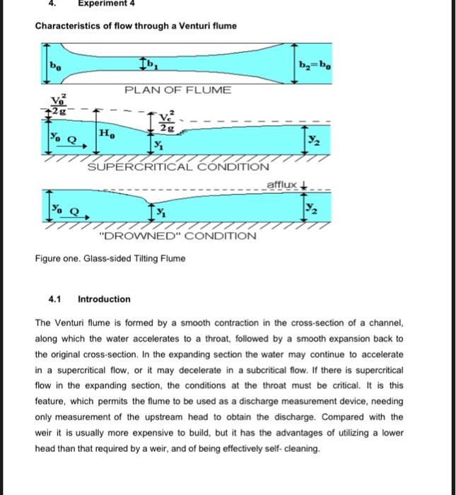 Experiment 4
Characteristics of flow through a Venturi flume
bo
Vo
2g
Ho
Ib?
PLAN OF FLUME
2g
% Q
7777 77
½
7777
SUPERCRITICA