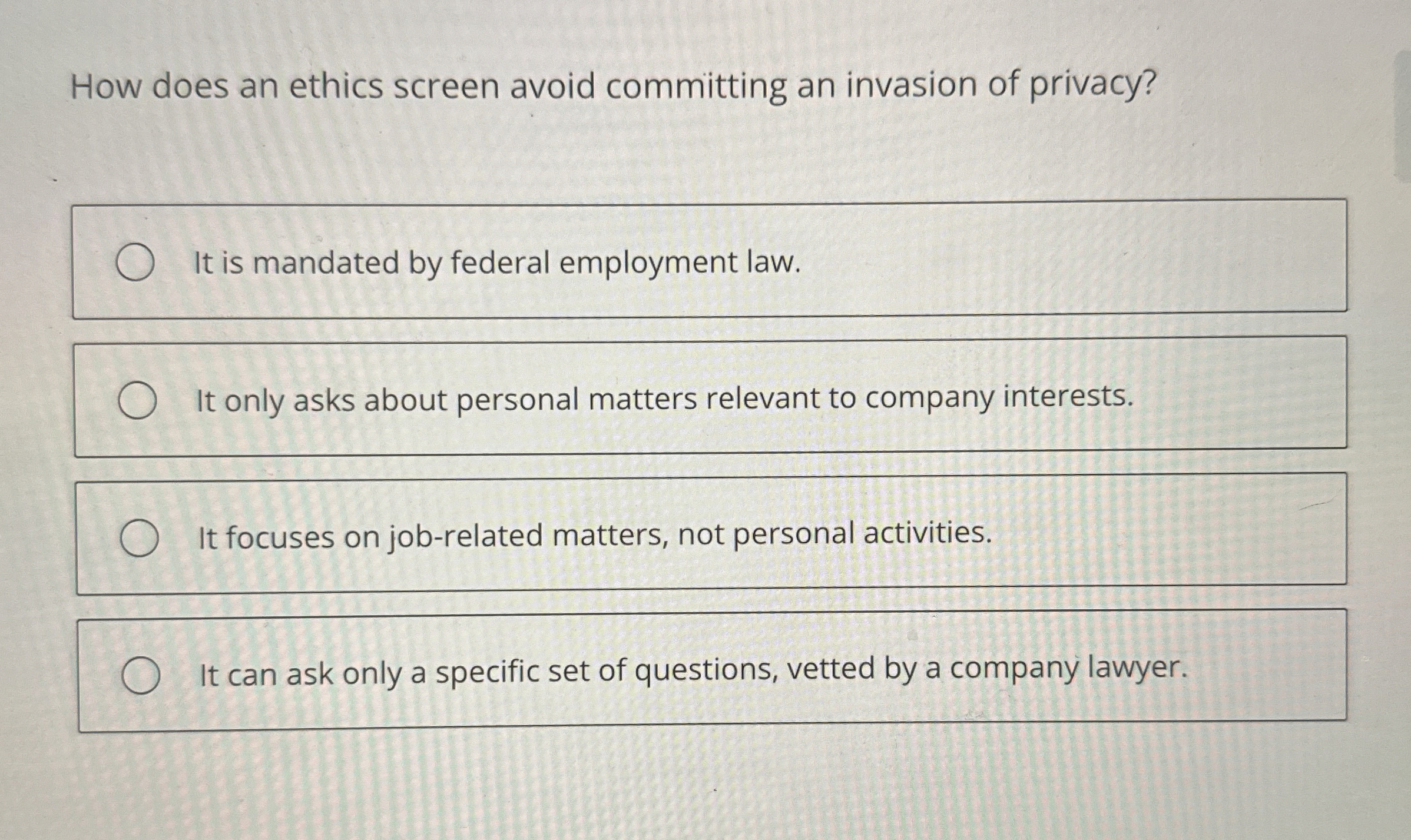Solved How does an ethics screen avoid committing an | Chegg.com