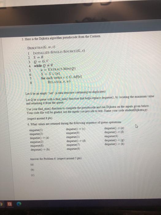 Solved 5. Here is the Dijkstra algorithm pseudocode from the | Chegg.com