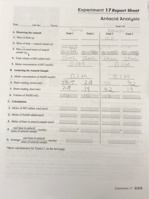 Solved Experiment 17 Report Sheet Antacid Analysis Dote Lab